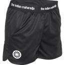 Athletic shorts for women black front view (elastic band, side pockets, longer back)